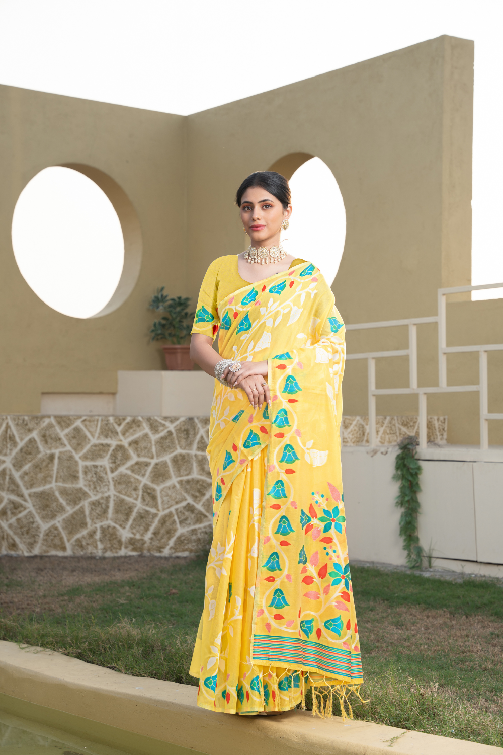 Yellow Soft Cotton Jamdani Saree