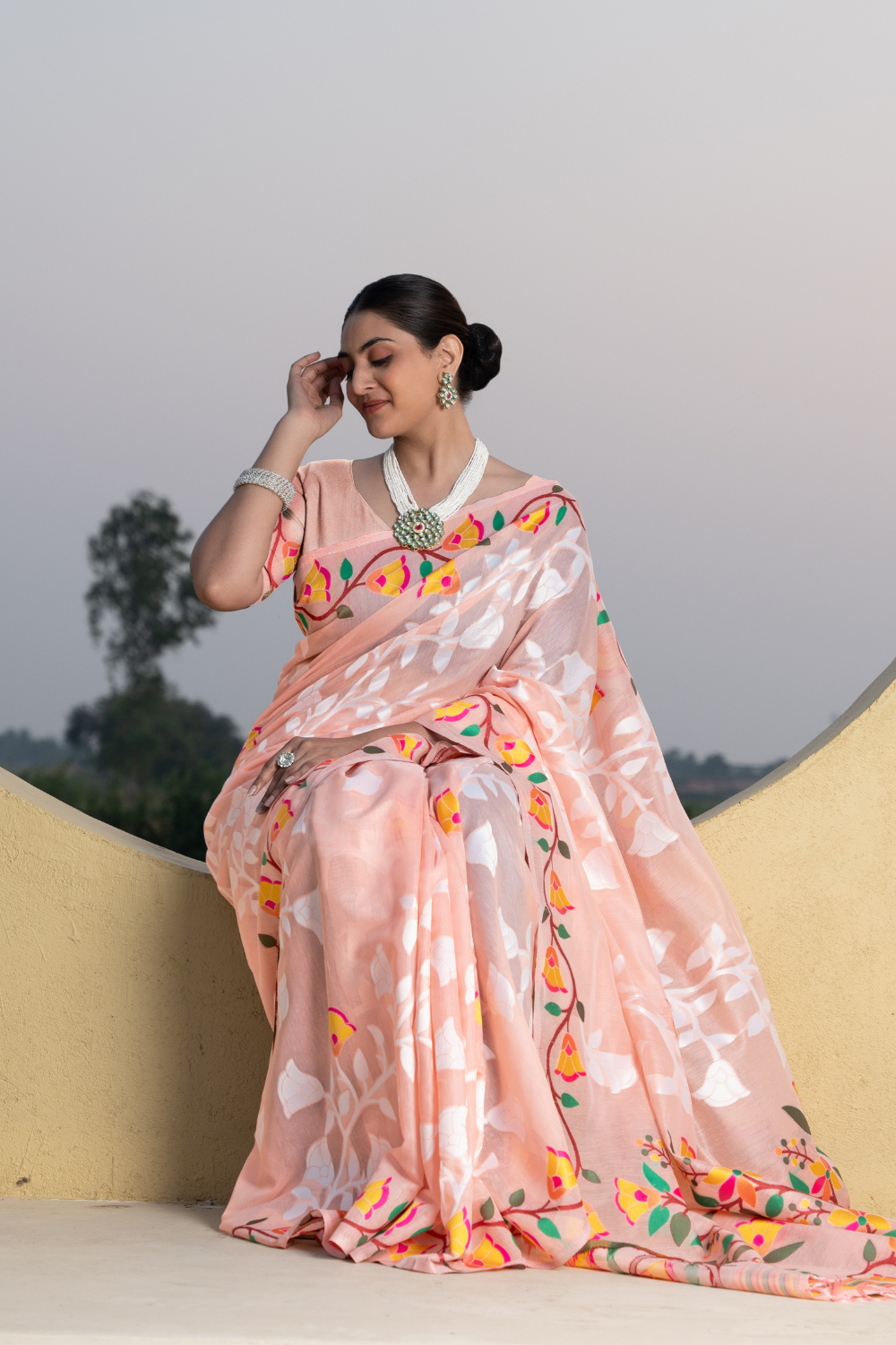 Peach Soft Cotton Jamdani Saree