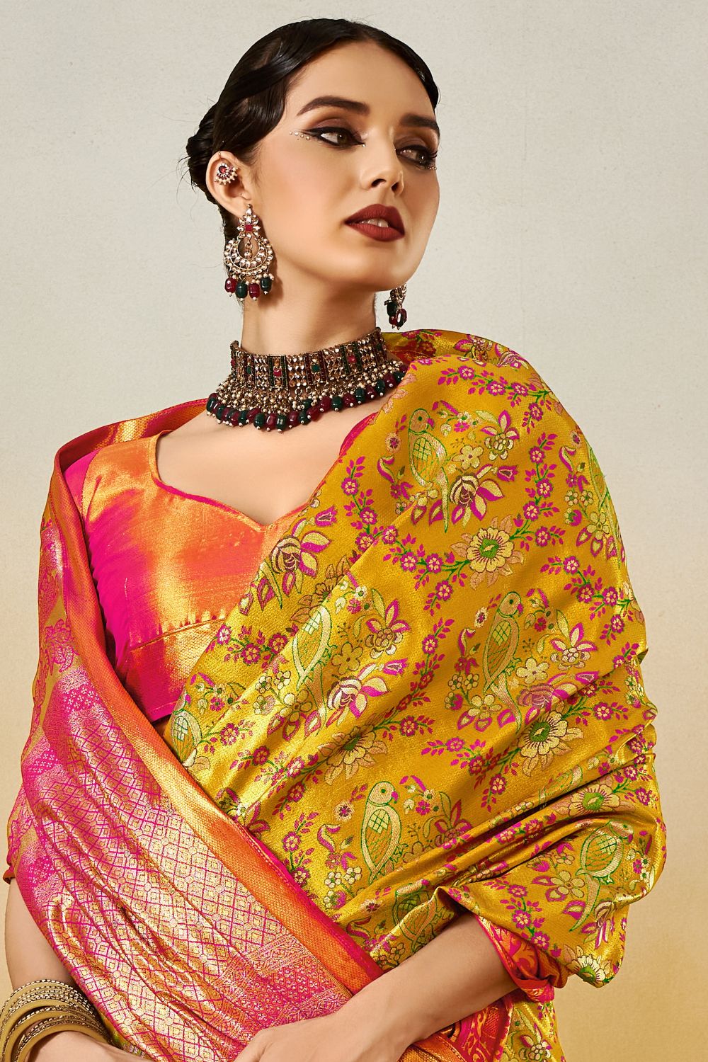 Mustard Dharmavaram Silk Saree