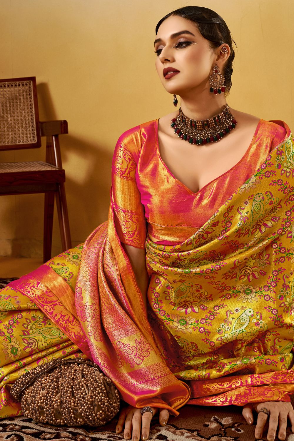 Mustard Dharmavaram Silk Saree