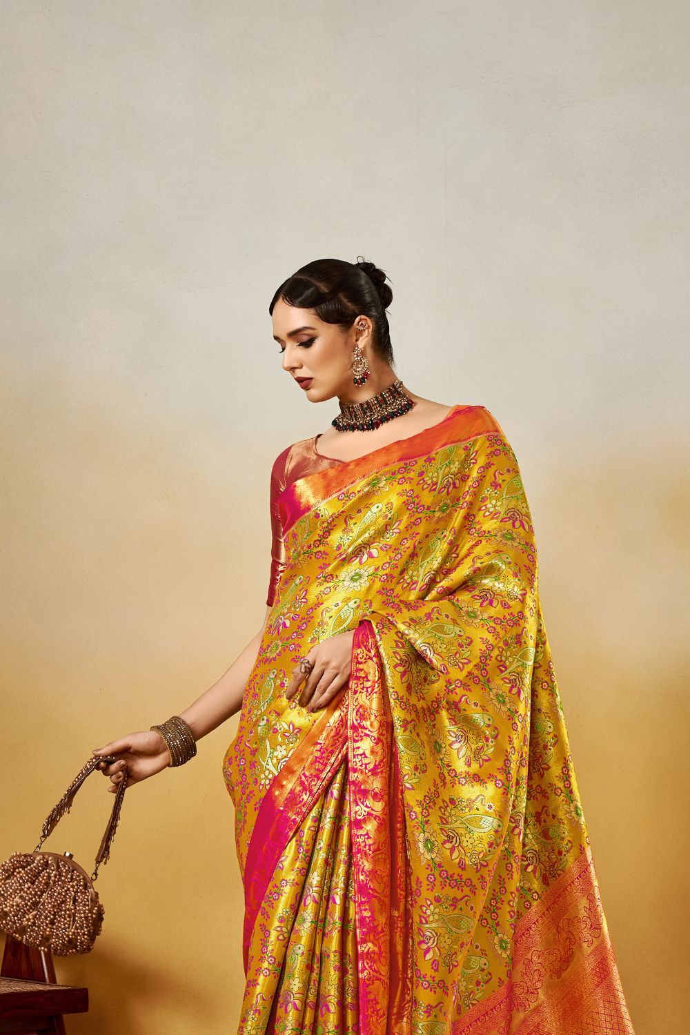 Mustard Dharmavaram Silk Saree