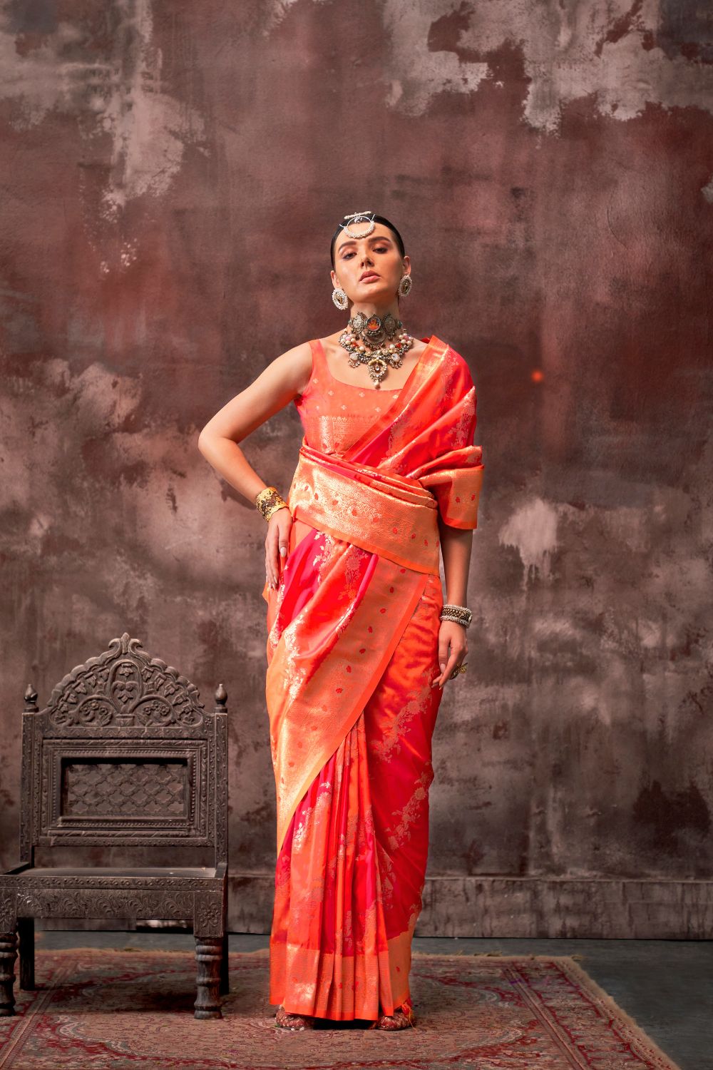 Orange Handloom Weaving Silk Saree