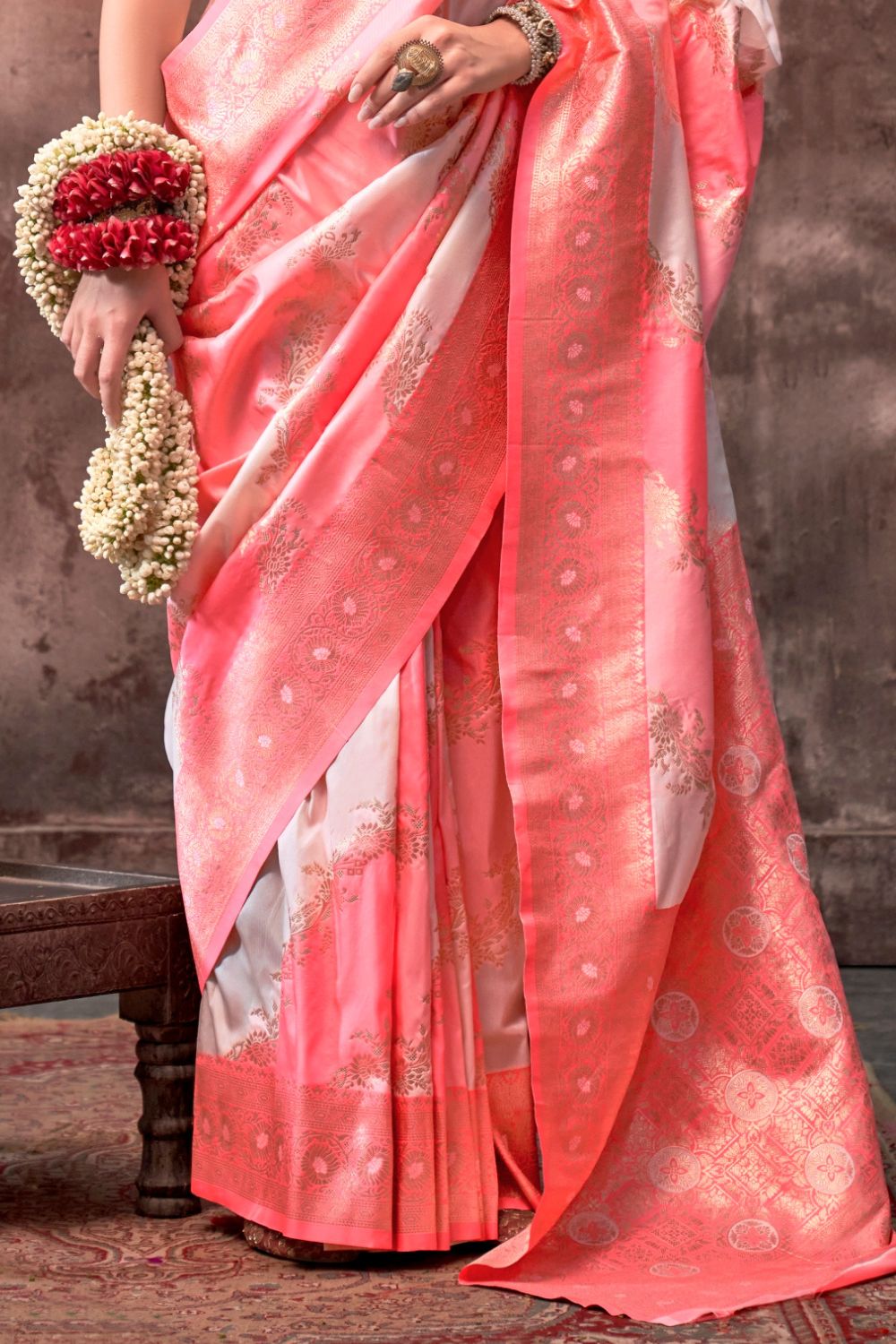 Peach Handloom Weaving Silk Saree