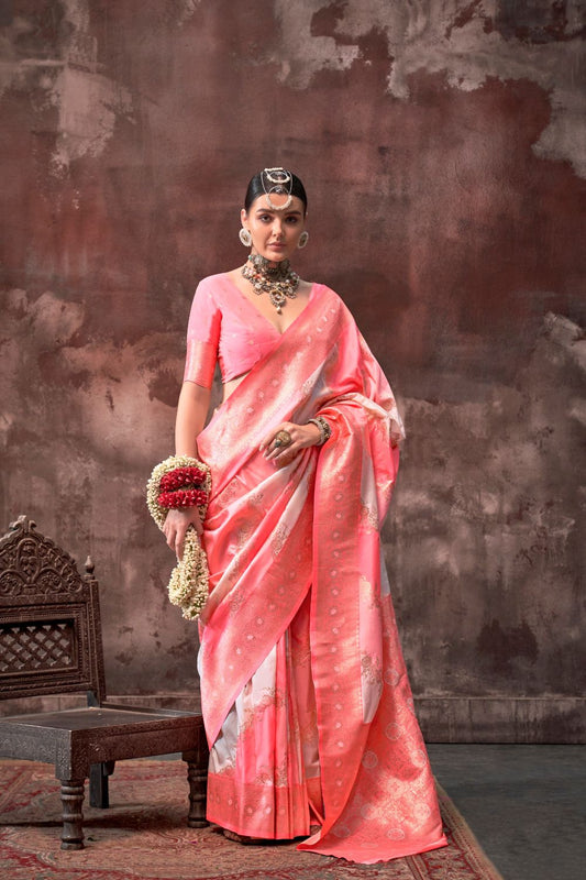 Peach Handloom Weaving Silk Saree