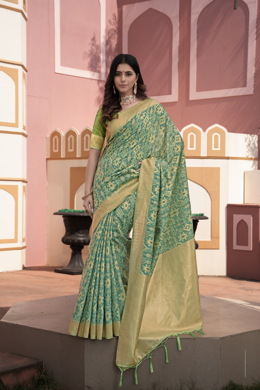 Green Zari Woven Cotton Ikkat Silk Saree