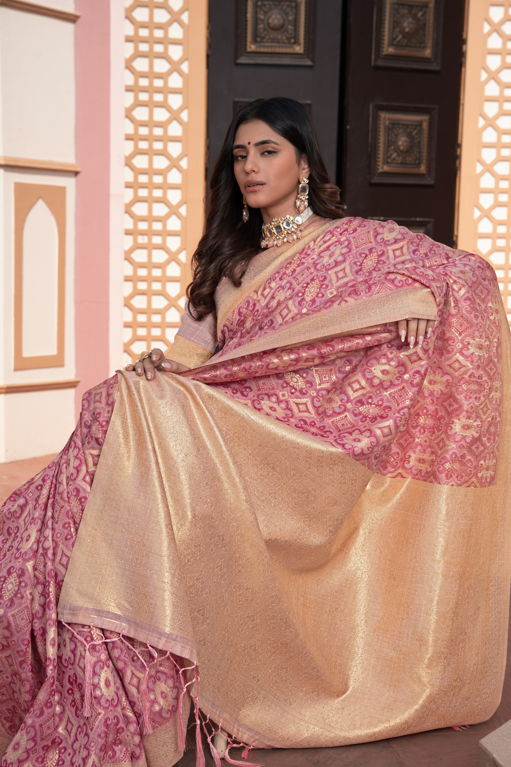 Pink Zari Woven Cotton Ikkat Silk Saree