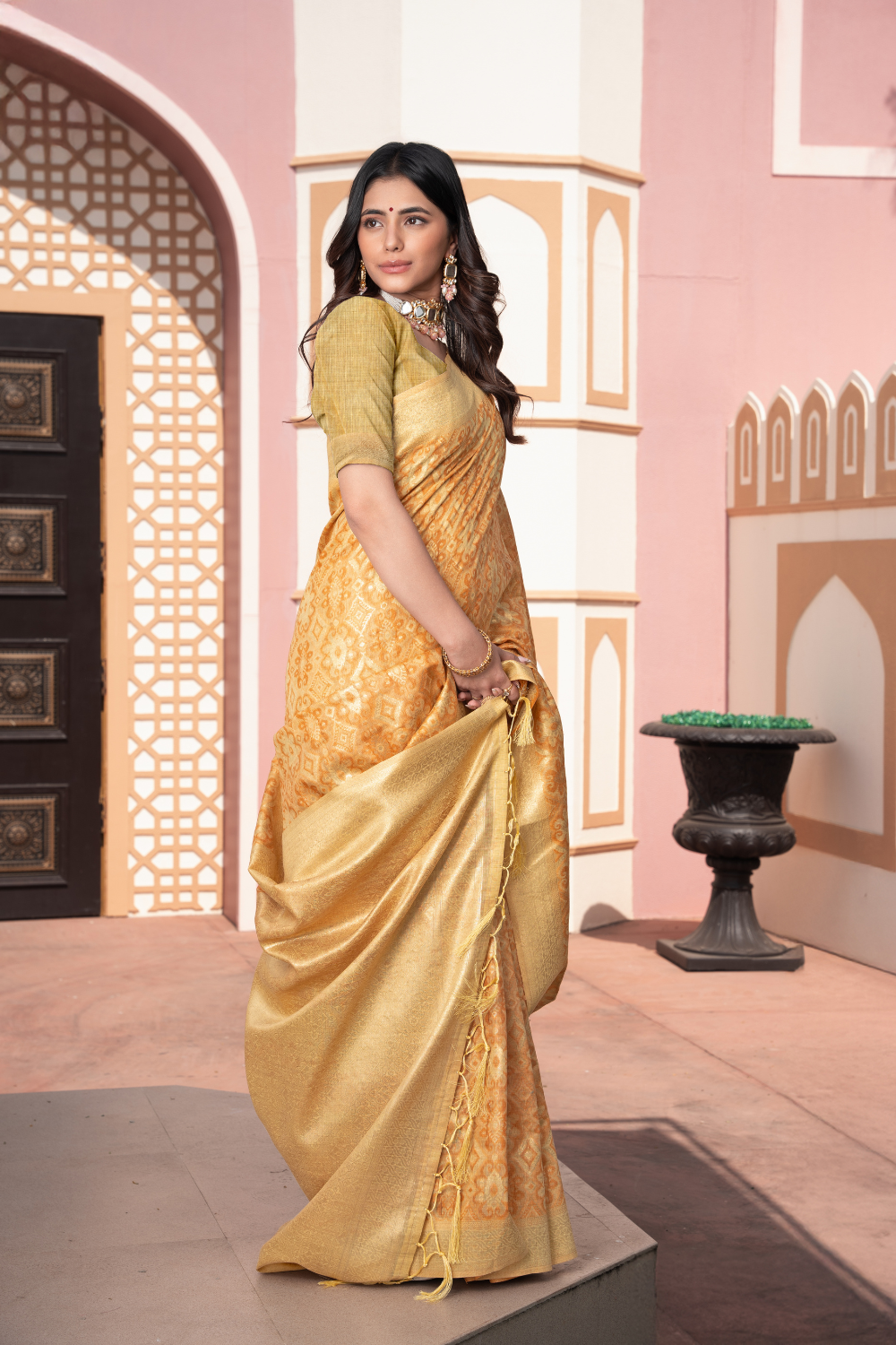 Yellow Zari Woven Cotton Ikkat Silk Saree