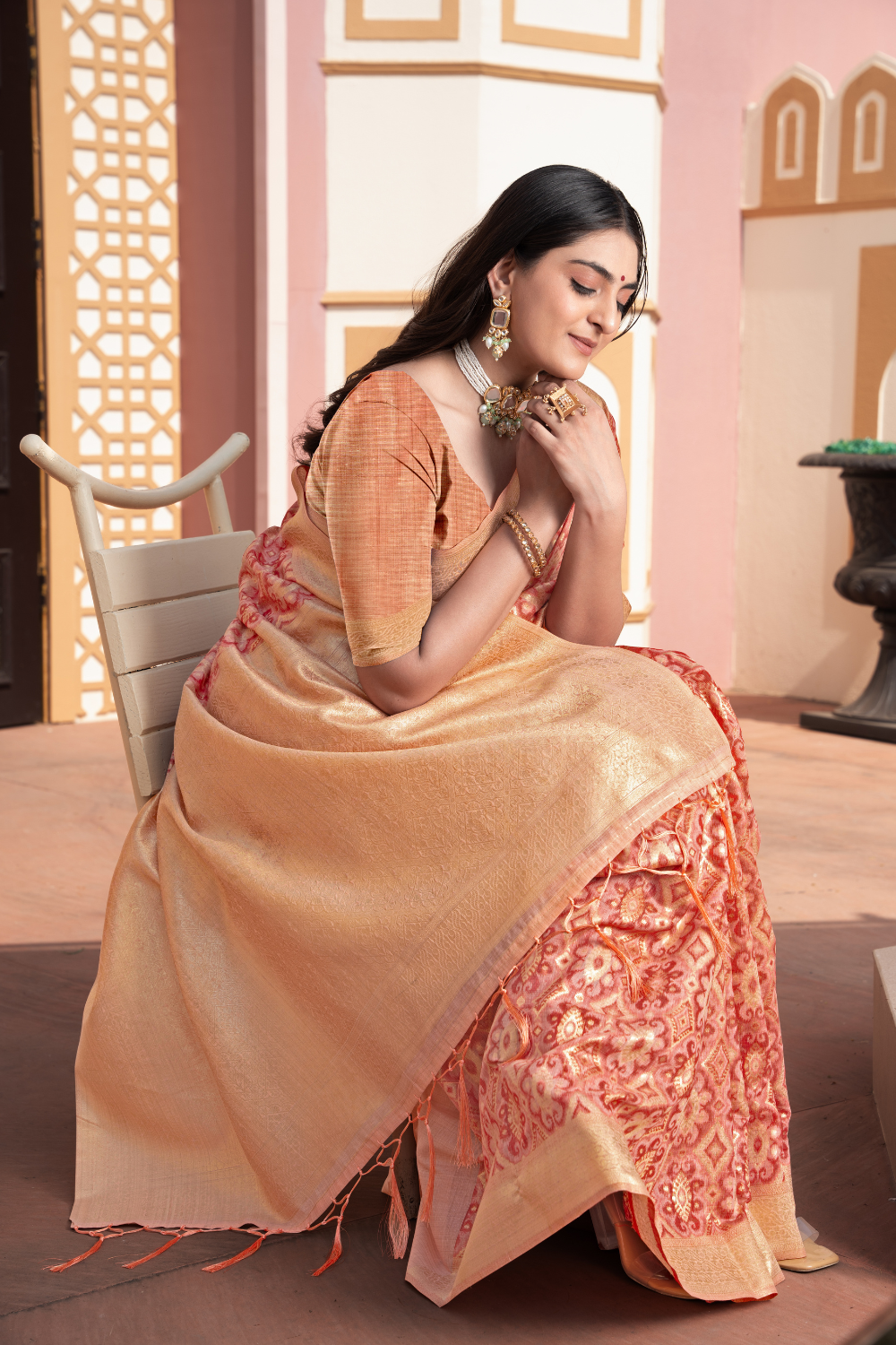 Peach Zari Woven Cotton Ikkat Silk Saree