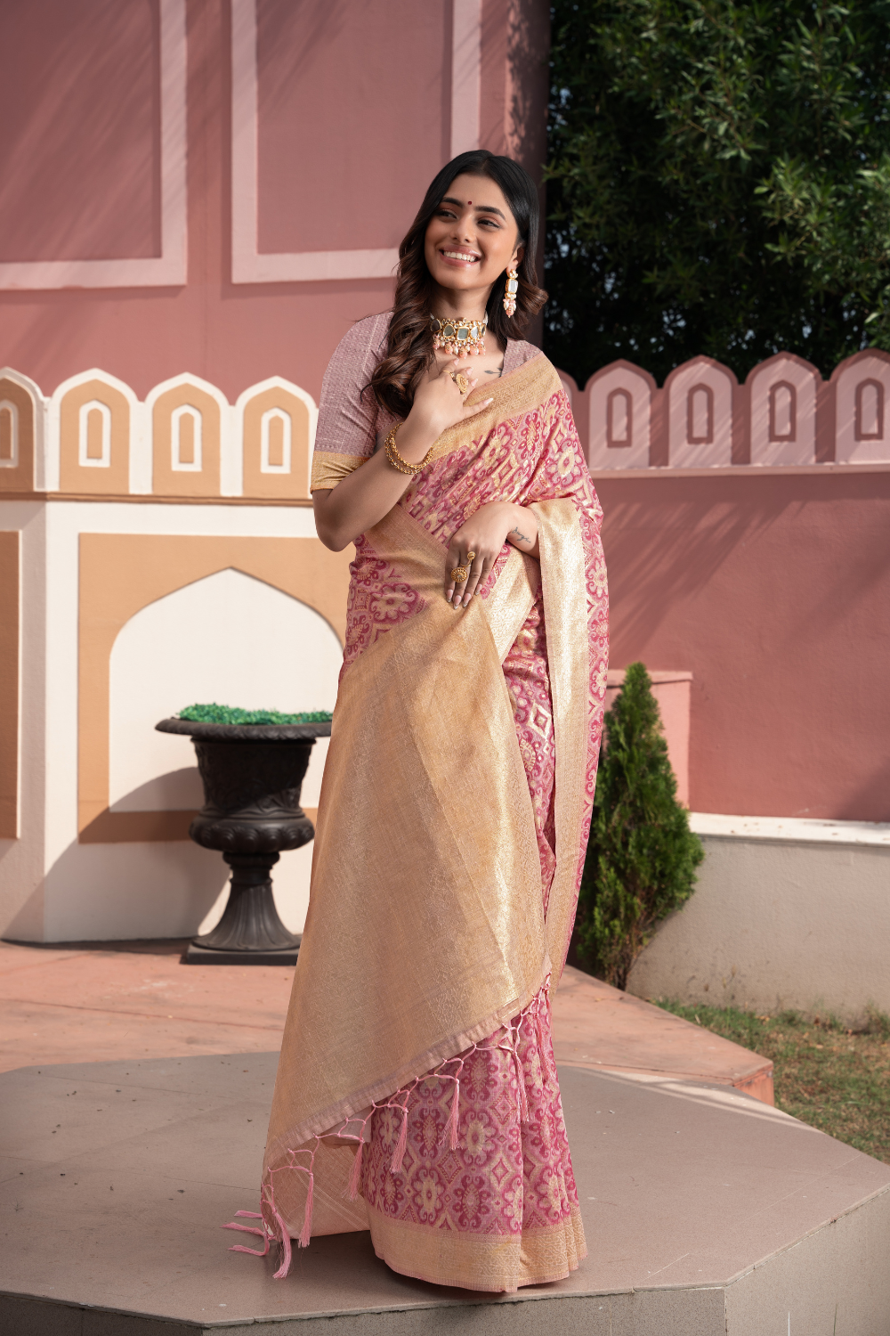 Pink Zari Woven Cotton Ikkat Silk Saree