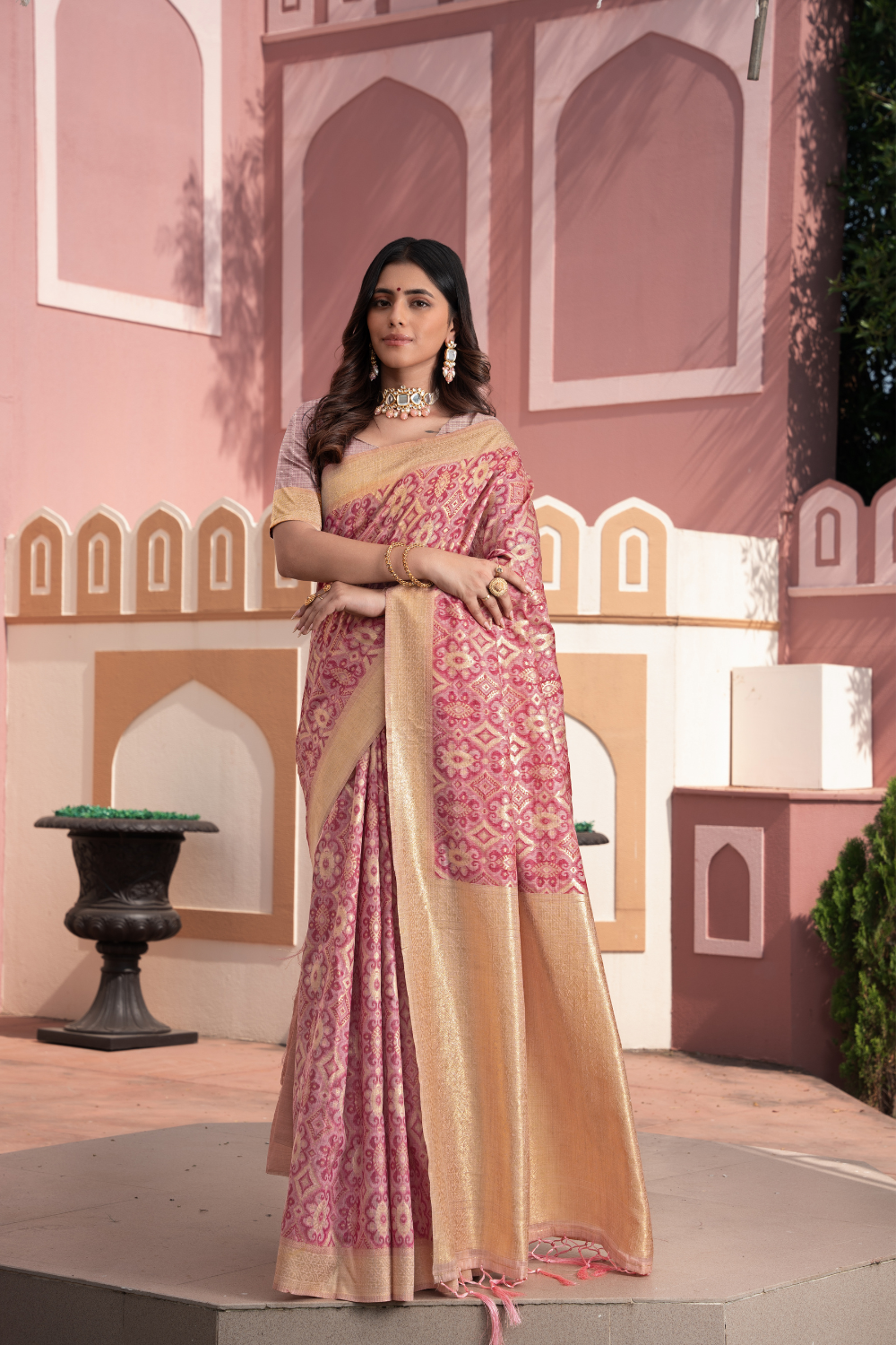 Pink Zari Woven Cotton Ikkat Silk Saree