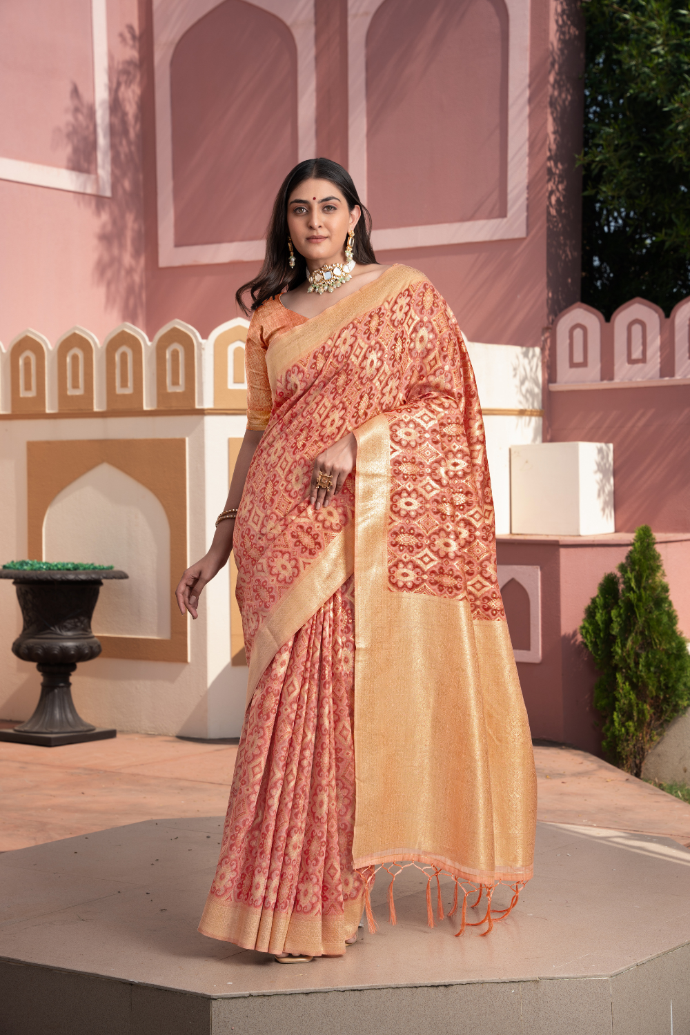 Peach Zari Woven Cotton Ikkat Silk Saree