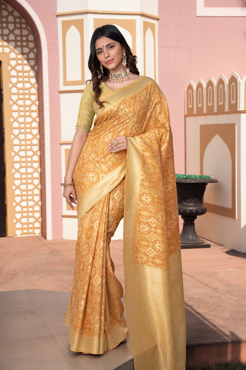 Yellow Zari Woven Cotton Ikkat Silk Saree