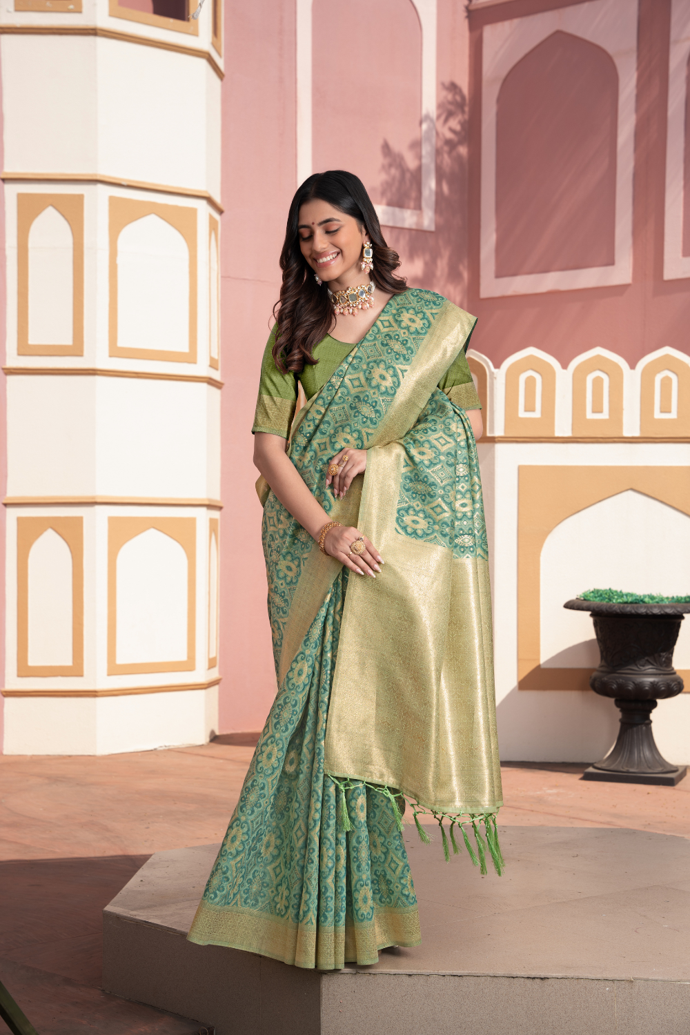 Green Zari Woven Cotton Ikkat Silk Saree