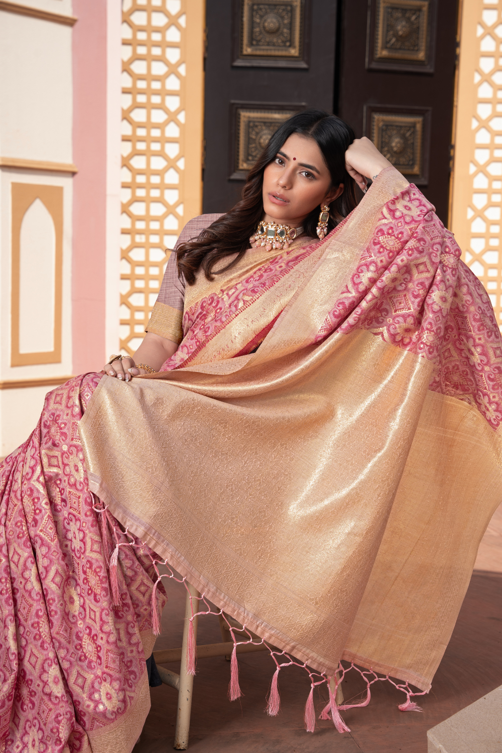 Pink Zari Woven Cotton Ikkat Silk Saree