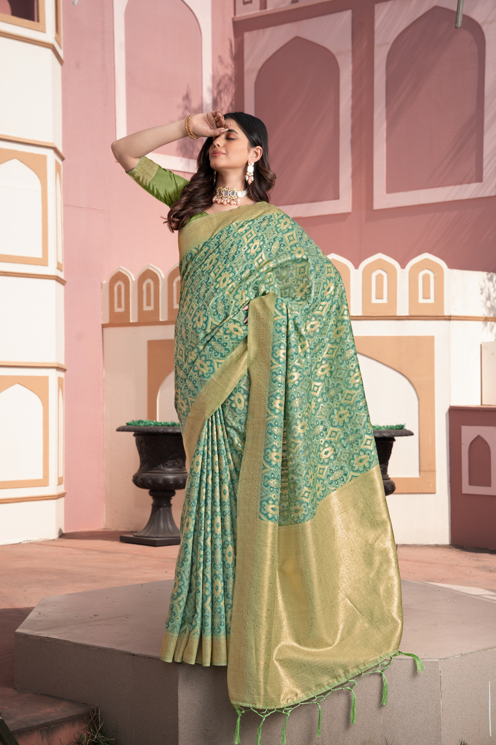 Green Zari Woven Cotton Ikkat Silk Saree