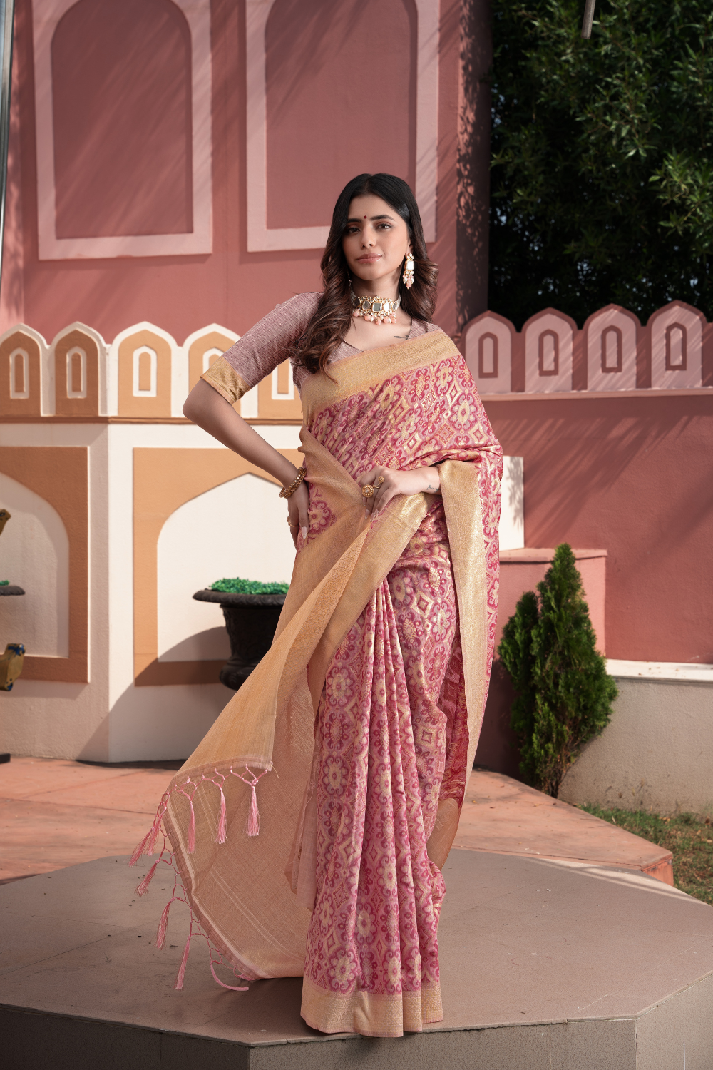 Pink Zari Woven Cotton Ikkat Silk Saree