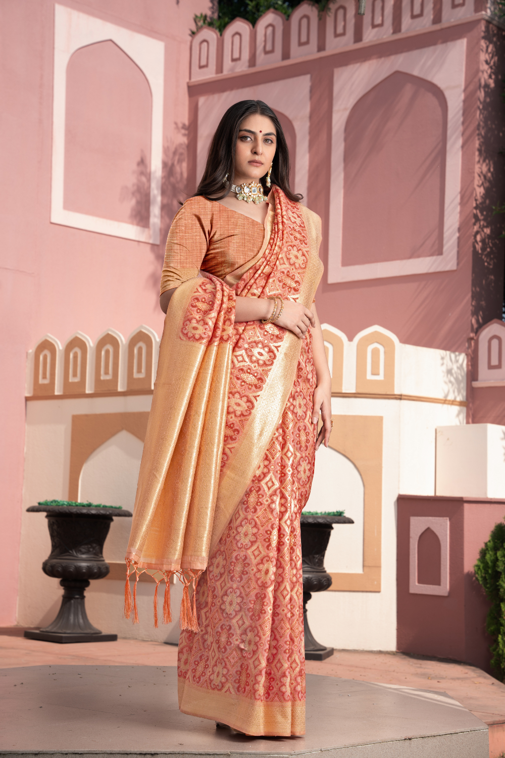 Peach Zari Woven Cotton Ikkat Silk Saree