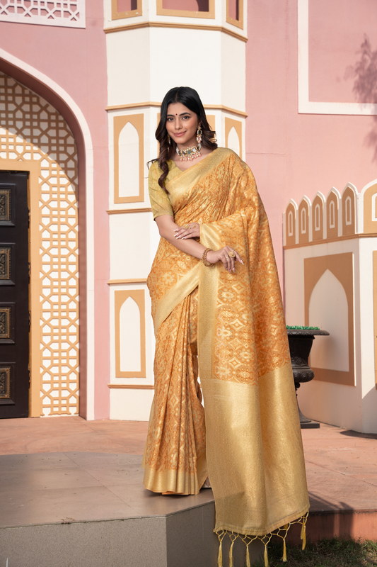 Yellow Zari Woven Cotton Ikkat Silk Saree