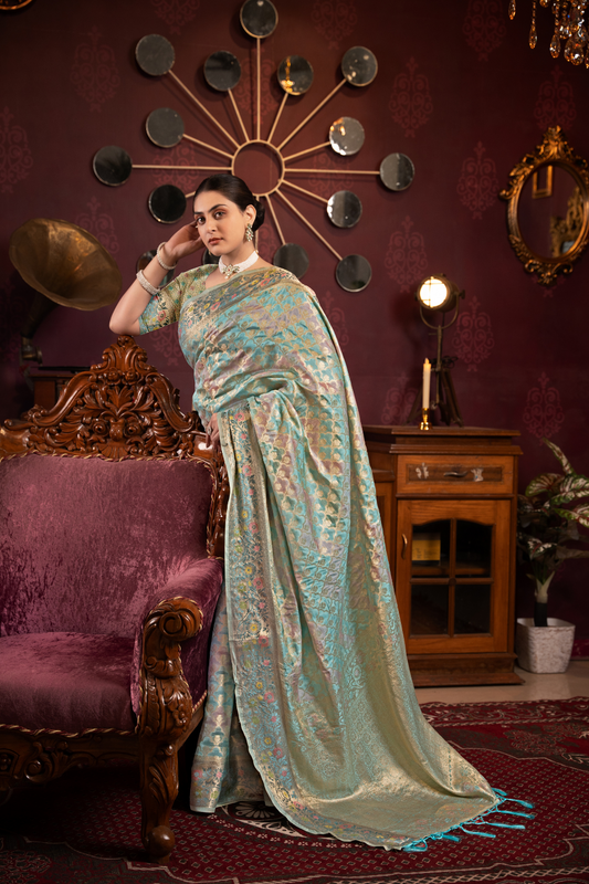 Sky Blue Organza Silk Saree With Woven Zari Work