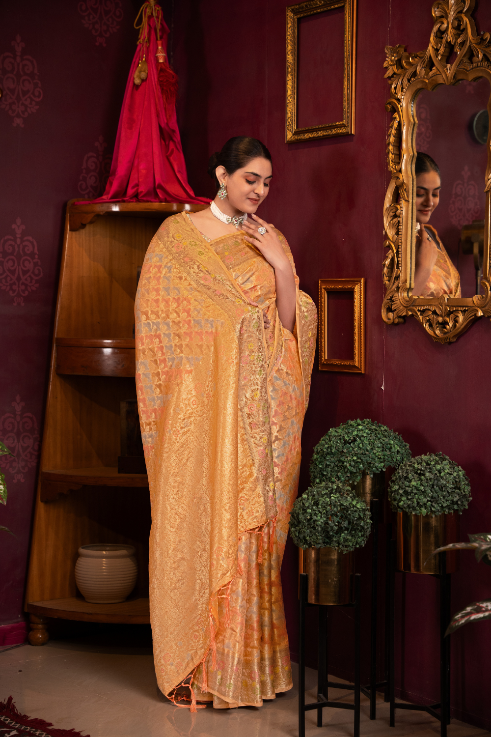 Orange Organza Silk Saree With Woven Zari Work