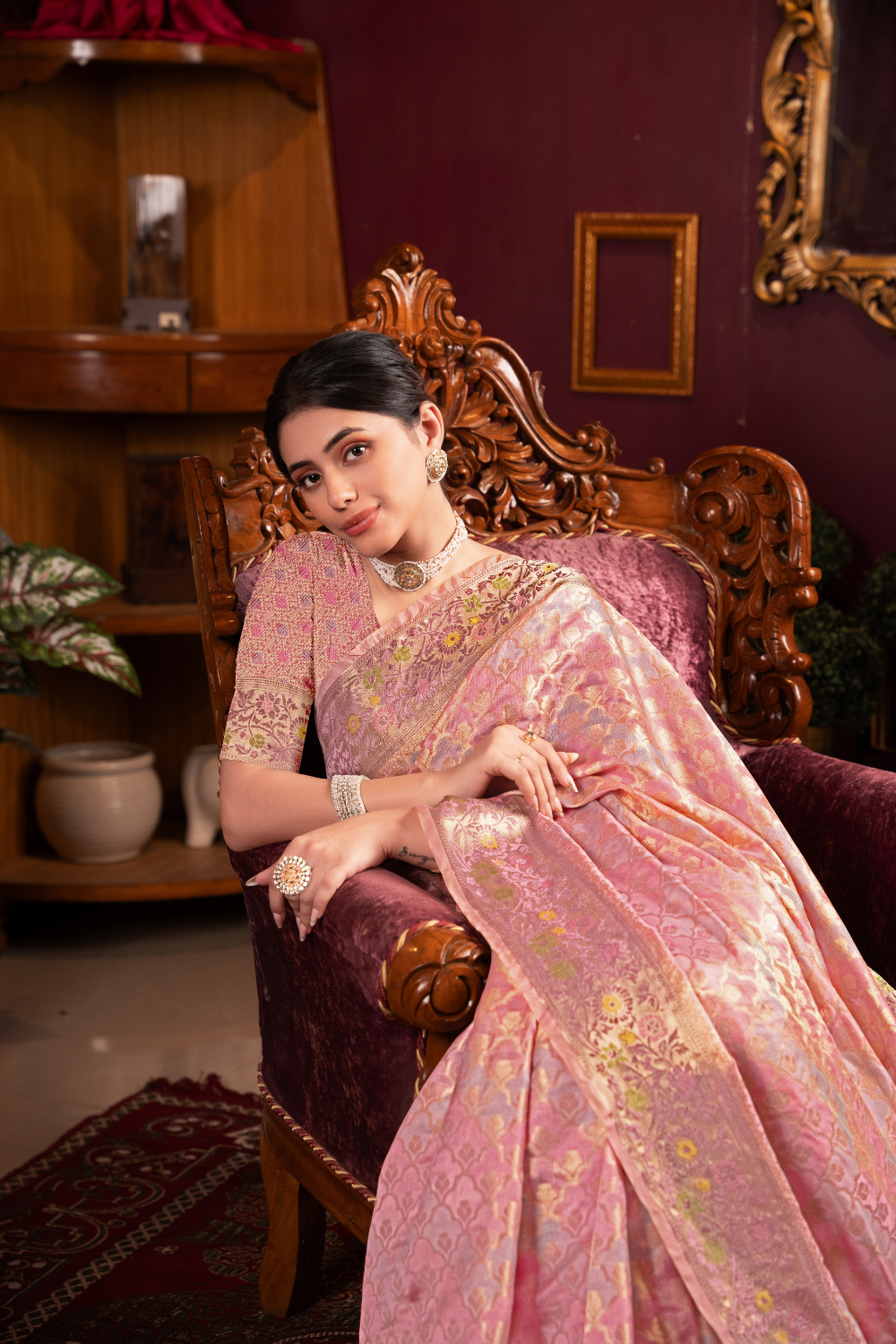 Pink Organza Silk Saree With Woven Zari Work