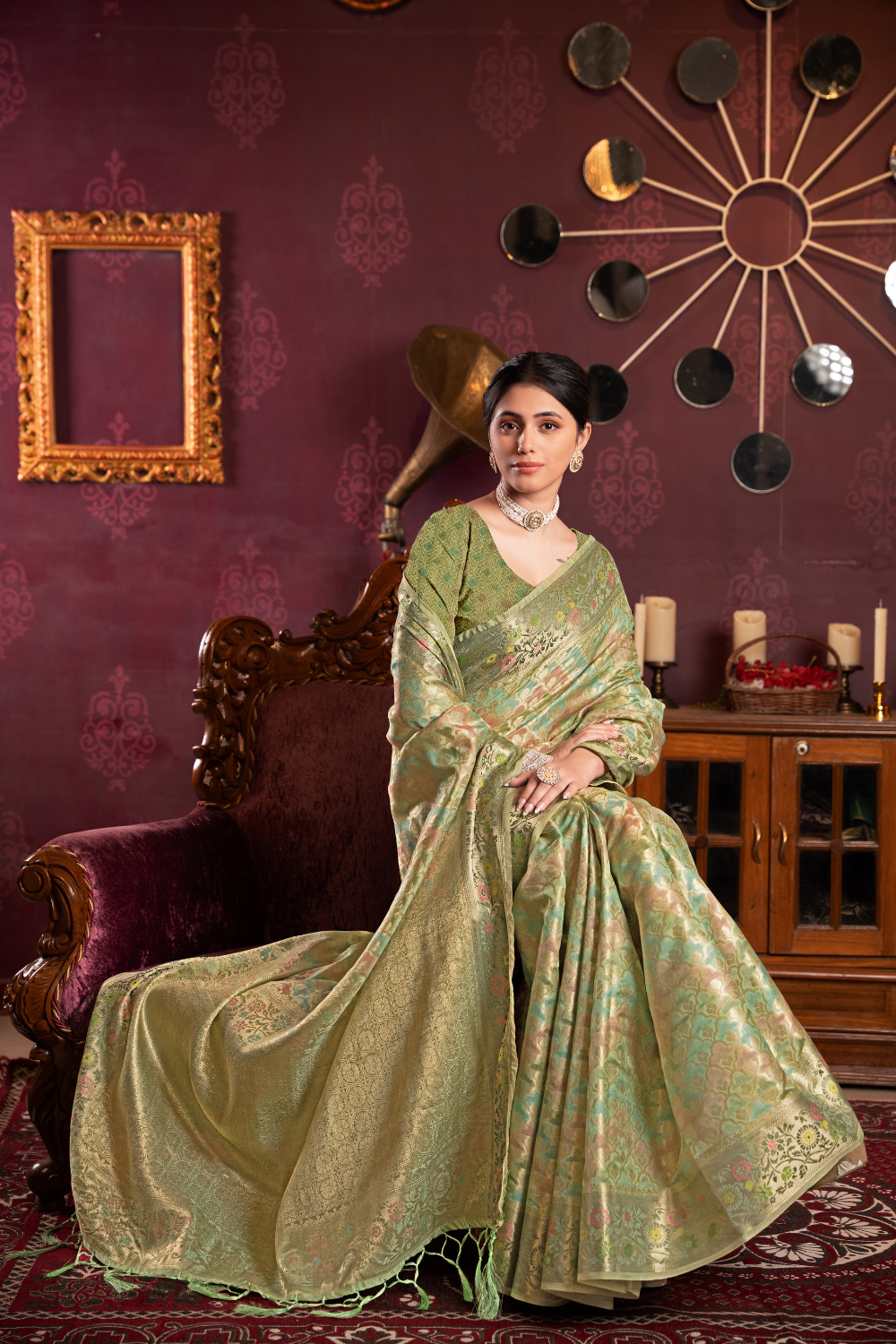 Pista Green Organza Silk Saree With Woven Zari Work