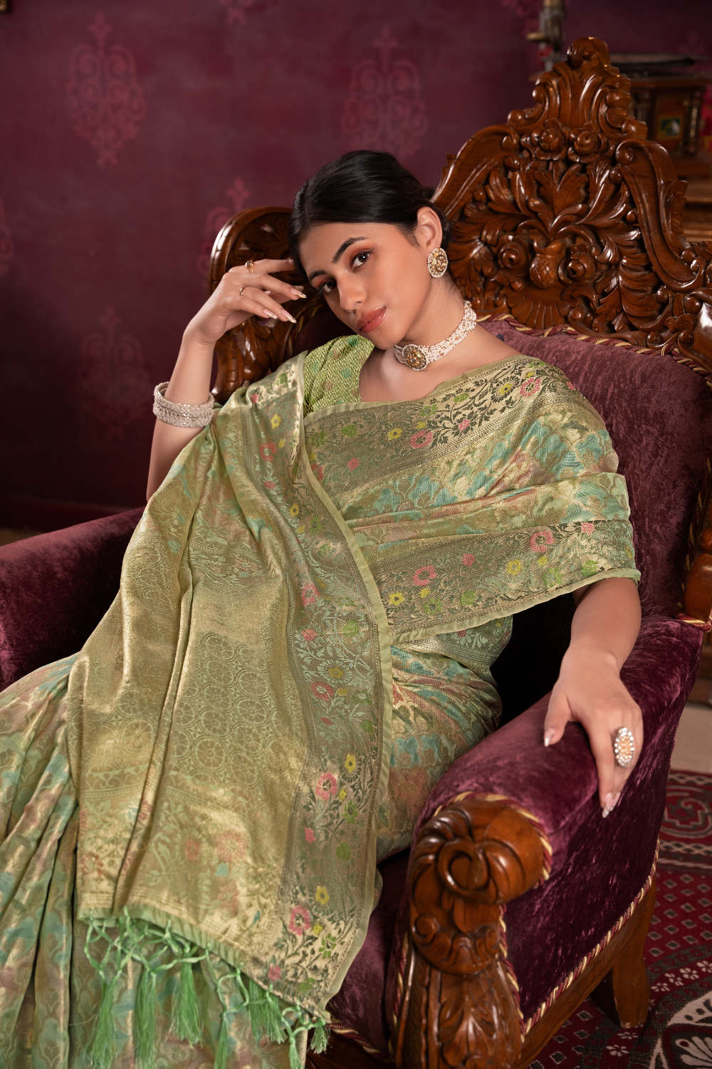 Pista Green Organza Silk Saree With Woven Zari Work