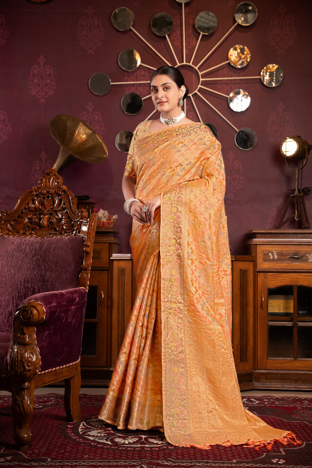 Orange Organza Silk Saree With Woven Zari Work