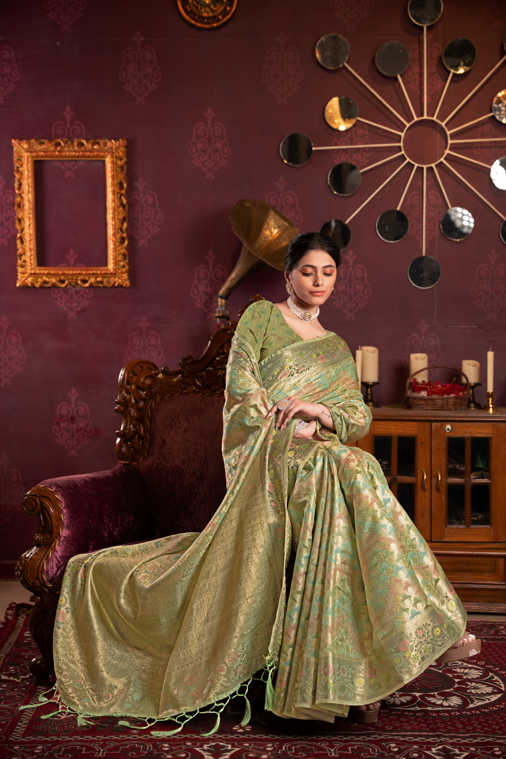 Pista Green Organza Silk Saree With Woven Zari Work