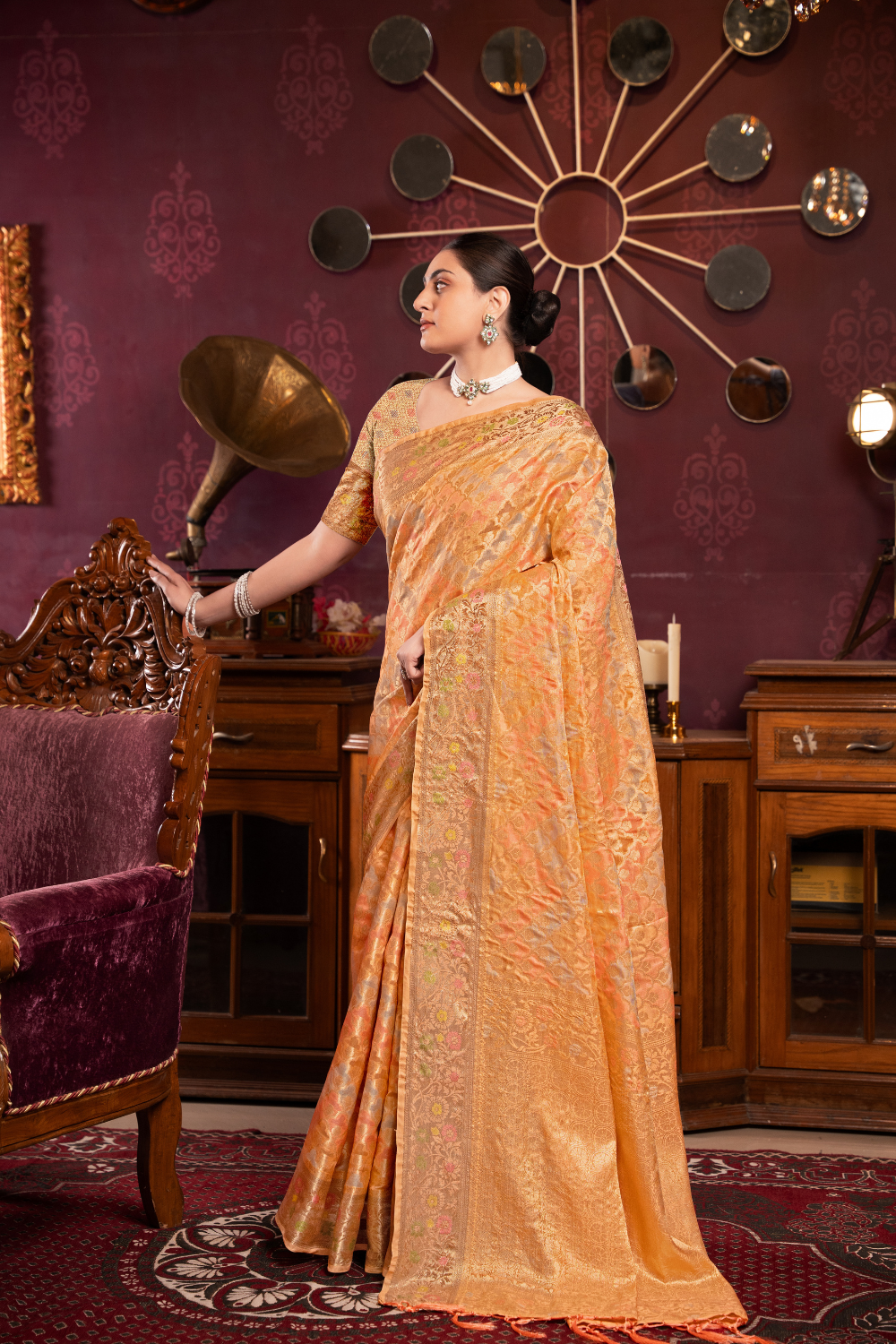 Orange Organza Silk Saree With Woven Zari Work