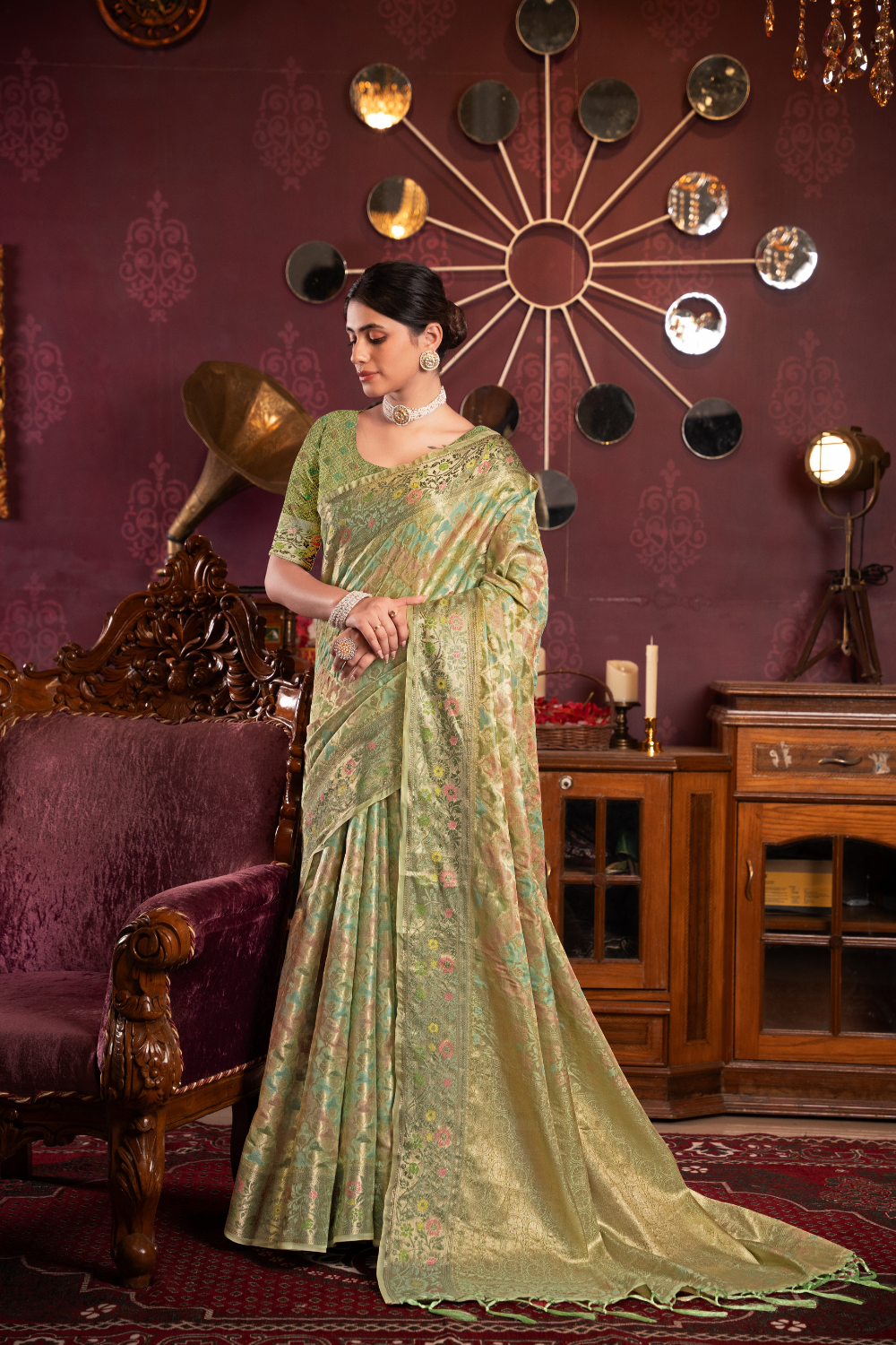 Pista Green Organza Silk Saree With Woven Zari Work