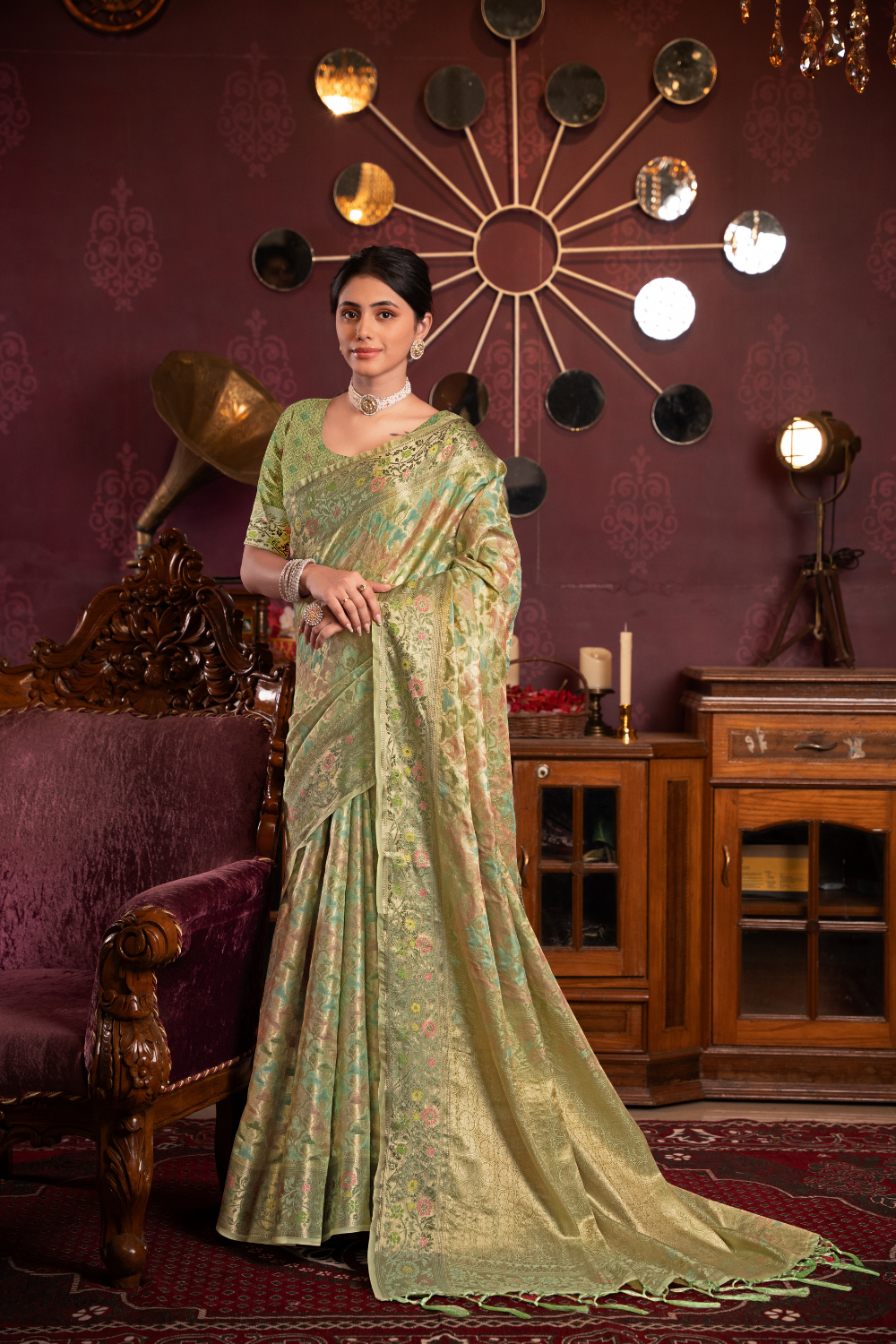 Pista Green Organza Silk Saree With Woven Zari Work