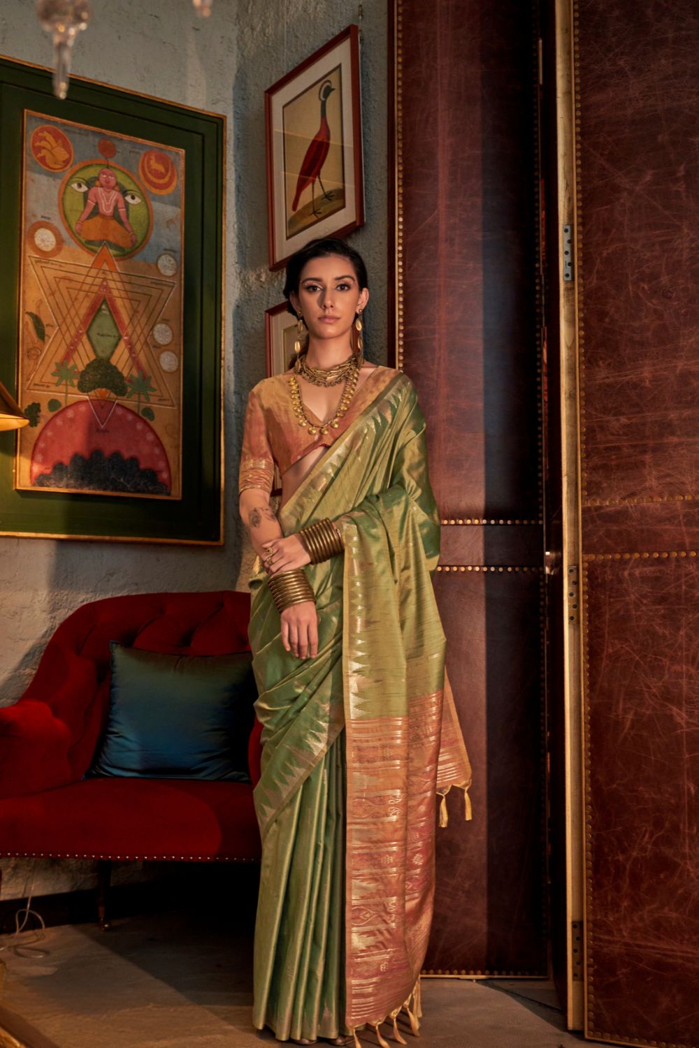 Green Tussar Handloom Weaving Silk Saree