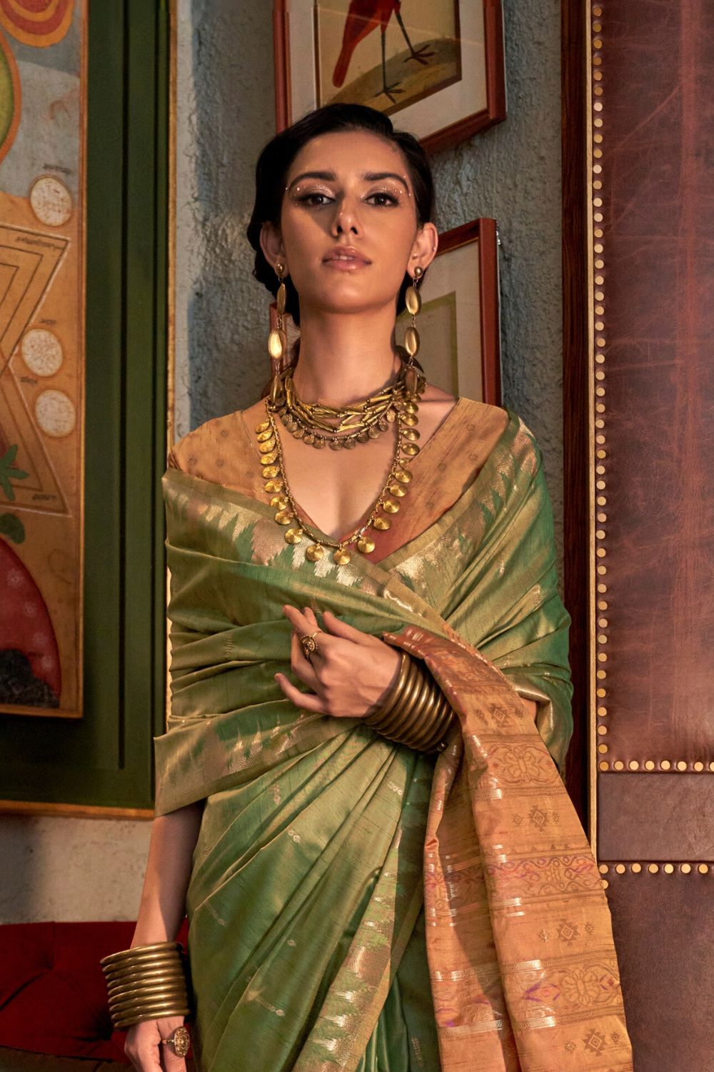 Green Tussar Handloom Weaving Silk Saree