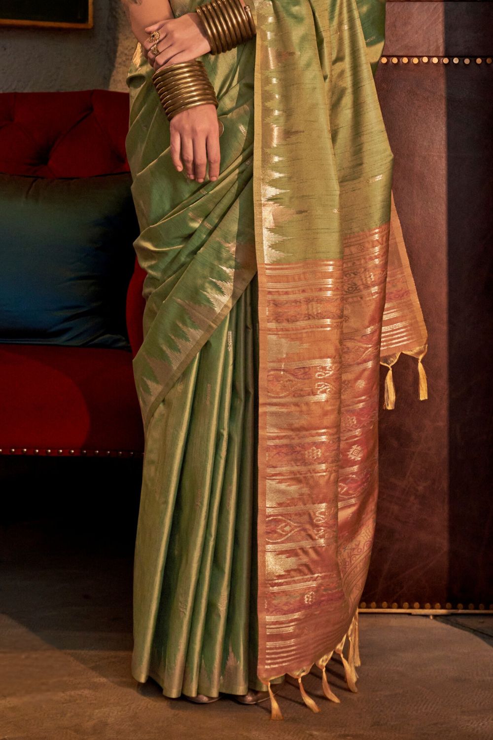 Green Tussar Handloom Weaving Silk Saree