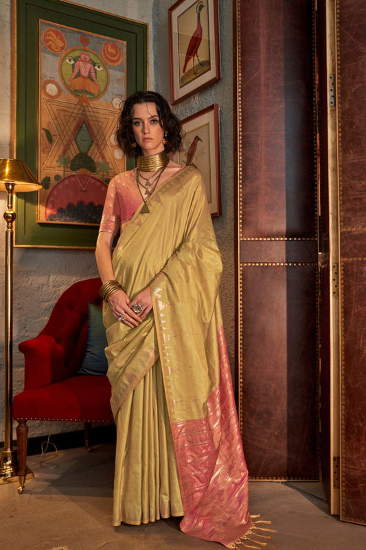 Mustard Tussar Handloom Weaving Silk Saree