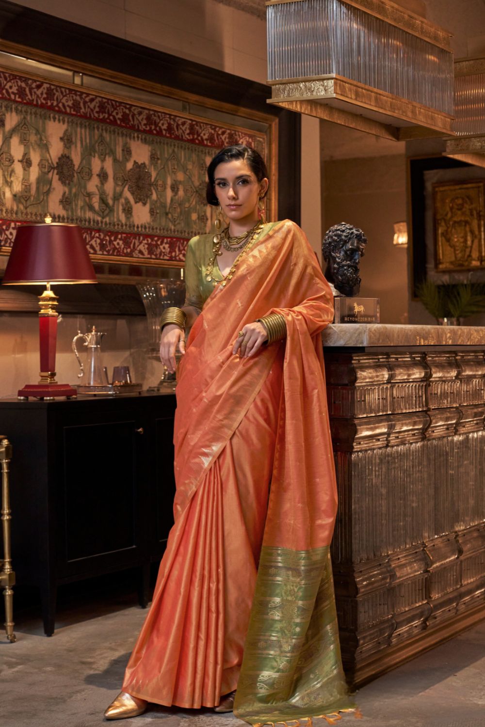 Orange Tussar Handloom Weaving Silk Saree