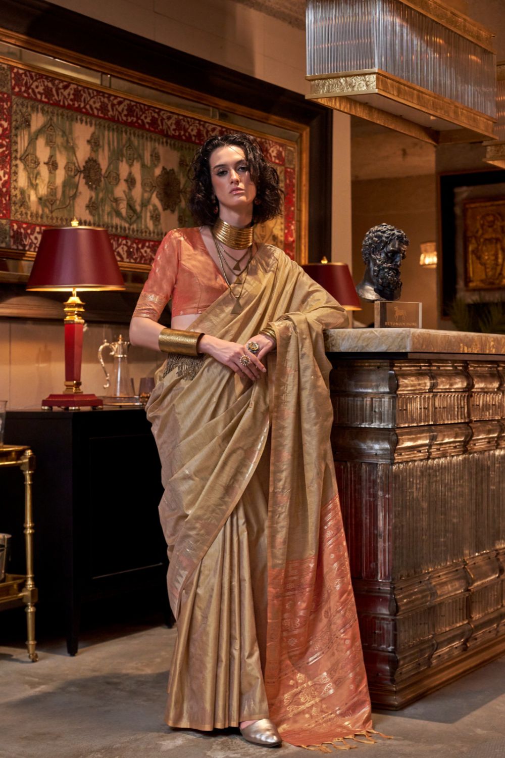 Brown Tussar Handloom Weaving Silk Saree